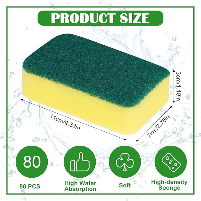 80 Pack Sponges Kitchen High Density Dish Sponges Scrub Sponge Multi-Surface Cleaning Scrubber Pad, Durable Dishwashing Sponge Bulk Cleaning Supplies for Washing Dishes, Home, Kitchen, Bathroom, Car