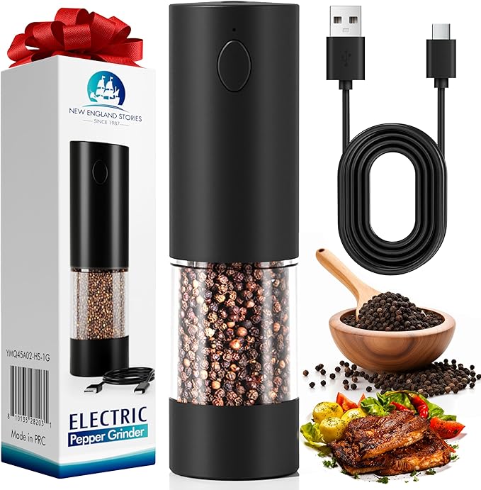 Electric Salt and Pepper Grinder Set, USB Rechargeable Automatic Pepper Mills and Salt Grinders with LED Light, Large 100ml Capacity, Adjustable Coarseness, One-Hand Operation, Stable Base