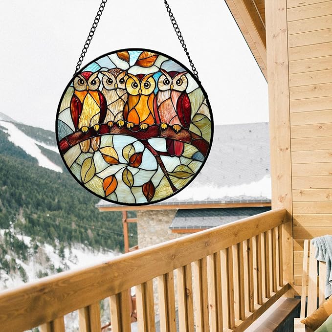 Stained Glass Window Hanging, 4 Owls on a Branch Sun Catcher for Door Home Decor White Brown Bird Suncatcher Christmas Mother's Day Birthday Gifts for Women Men Mom and Nana 6.3 in