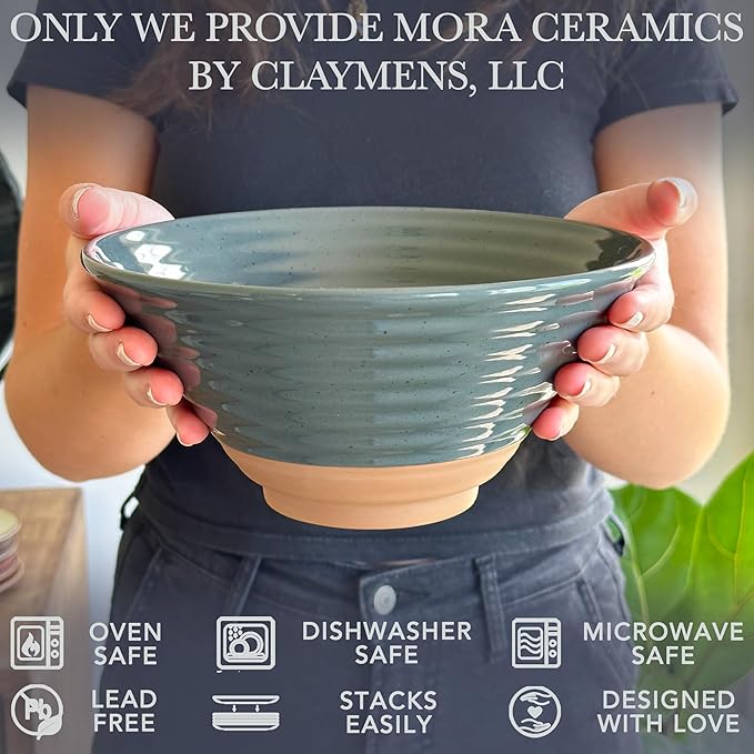 MORA Ceramic Ramen Bowl Set of 2, 45oz - Great for Pho, Miso Udon Soup, Instant Noodles, Serving, Thai or Asian Food - Microwave Safe Large Japanese Noodle Bowls, Modern Kitchen - Charcoal