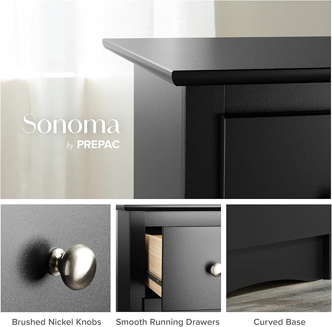 Prepac Sonoma 6-Drawer Double Dresser for Bedroom, Wide Chest of Drawers, Traditional Bedroom Furniture, 59"W x 17.5"D x 29"H, Black