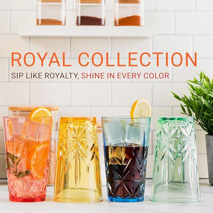 Royal Plastic Drinking Tumbler, Premium Quality Water Glasses, Dishwasher-Safe BPA-Free Durable Mixed Colors Assorted Stackable Cups, 18 oz Set of 12