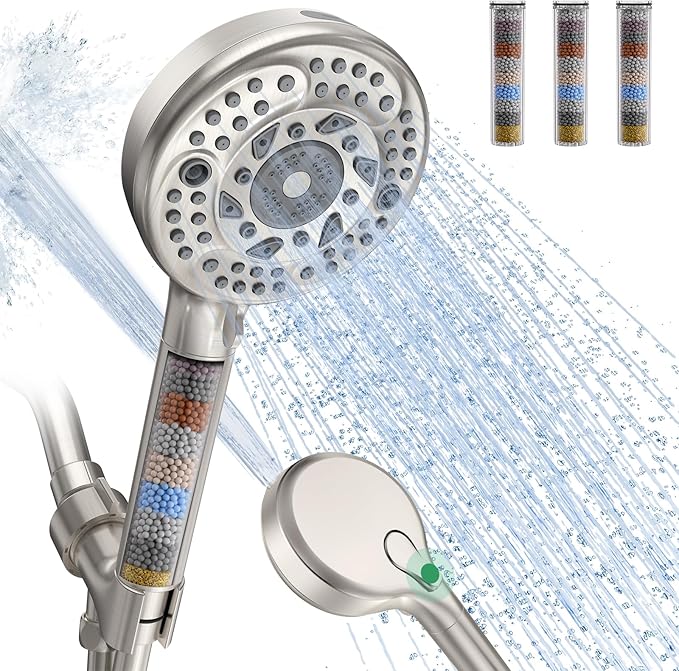 SunCleanse Filtered Shower Head with Handheld,9-Spray Setting Detachable Shower Head with 4 Filters for Hard Water - Filter Chlorine, Improve Skin and Hair Texture (4 Filters, Brushed Nickel)