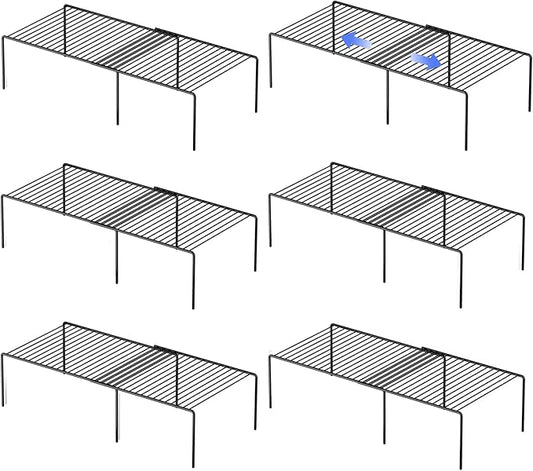 Redrubbit Expandable Metal Rustproof Kitchen Counter Shelf Rack, Space Saver for Kitchen, Fridge, Bathroom, Black, Set of 6