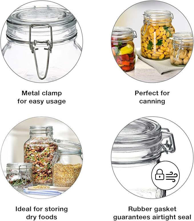 Bormioli Rocco Fido 3-Piece Set Food Storage - Pasta and Cookie Jars - Hermetically Sealed - Retains Freshness - Organizing small (17), medium(33), and large(50) Jars, clear (149740S06021990)