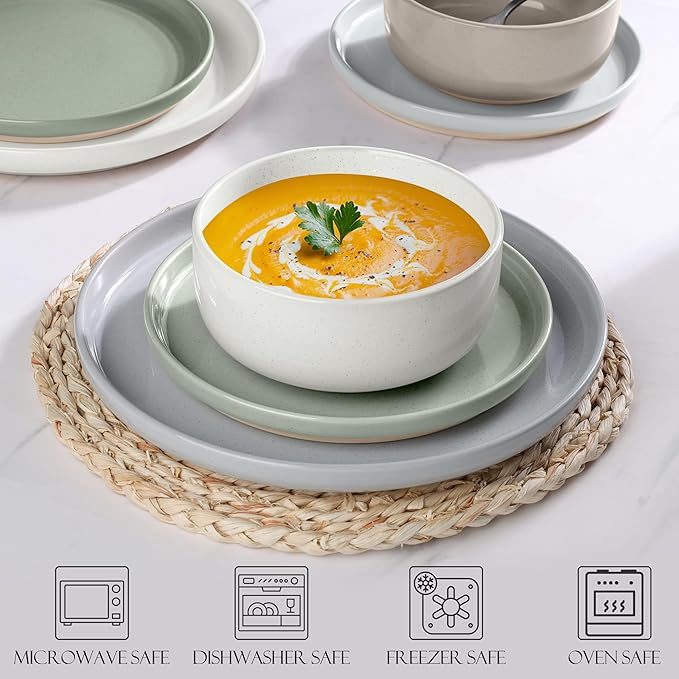 LIANYU Dinnerware Plates and Bowls Set for 8, 24PCS Speckled Dinnerware Set for Soup, Salad, Food Grade Clay Stoneware Dishes, Scratch Resistant, Stackable Design, Assorted Colors