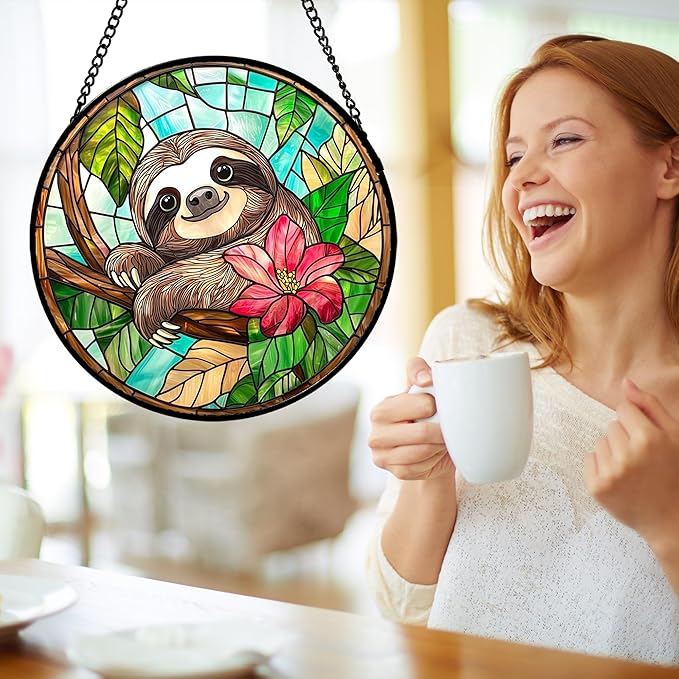 Stained Glass Window Hanging, Cute Sloth Sun Catcher for Door Home Decor Animal Suncatcher Christmas Mother's Day Birthday Gifts for Women Men Mom and Nana 6.3 in