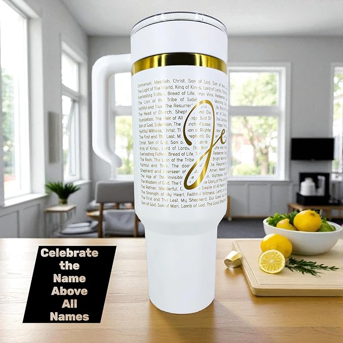 Christian Tumbler 40oz Stainless Steel Insulated Cup with Straw & Handle – Scripture Design Featuring Names of Jesus (Savior, Redeemer, Prince of Peace, Light of the World) (Jesus)