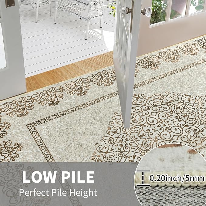 Easy-Going Area Rug 6x9 Washable Boho Neutral Rugs for Living Room Non-Slip Bedroom Rug Low Pile Lightweight Floral Brown Print Vintage Throw Rug for Dining Room Bathroom Kitchen Home Office Carpet