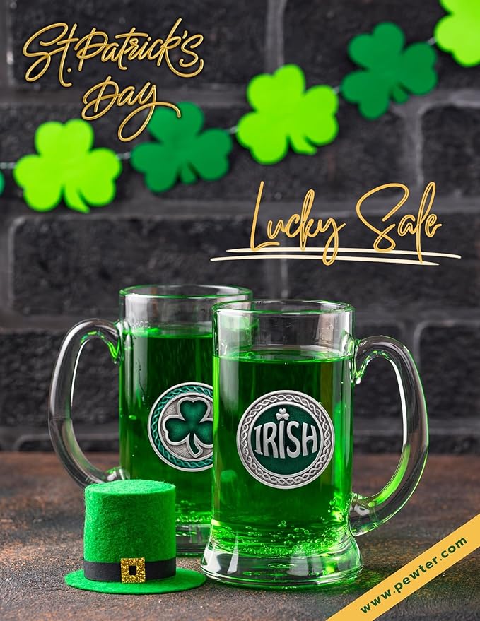 Heritage Pewter Irish Beer Stein Glass | 15 Ounce German-Style Beer Glass | Intricately Crafted Metal Pewter Alma Mater Inlay