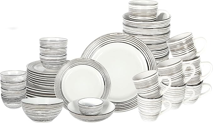 48 Piece Dinnerware Set, Ceramic Plates and Bowls Sets for 8, Microwave and Dishwasher Safe, Handcrafted Tree Bark Series Dish Set, White Birch