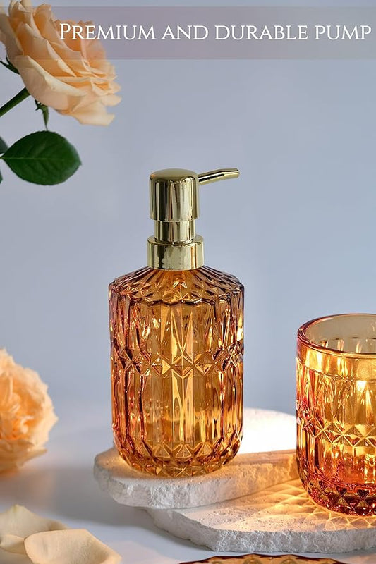 Amber Bathroom Accessories Set, 5Pcs Clear Glass Bathroom Sets, Hand Soap Dispenser, Soap Dish, Toothbrush Holder Set, Qtips Holder for Crystal Vintage Bath Decor, Set