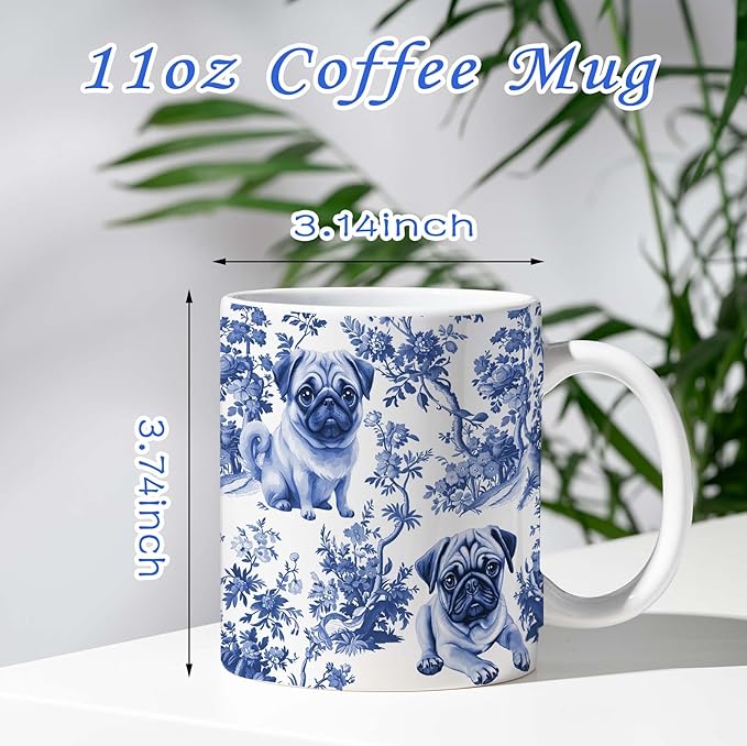 Pug Blue French Toile Mug, Pugs Lover Gifts for Women, Blue Chinoiserie Toile Coffee Cup for Pug Mom, Dog Lovers Tea Coffee Mug Birthday Gifts for Dog Owners, 11oz