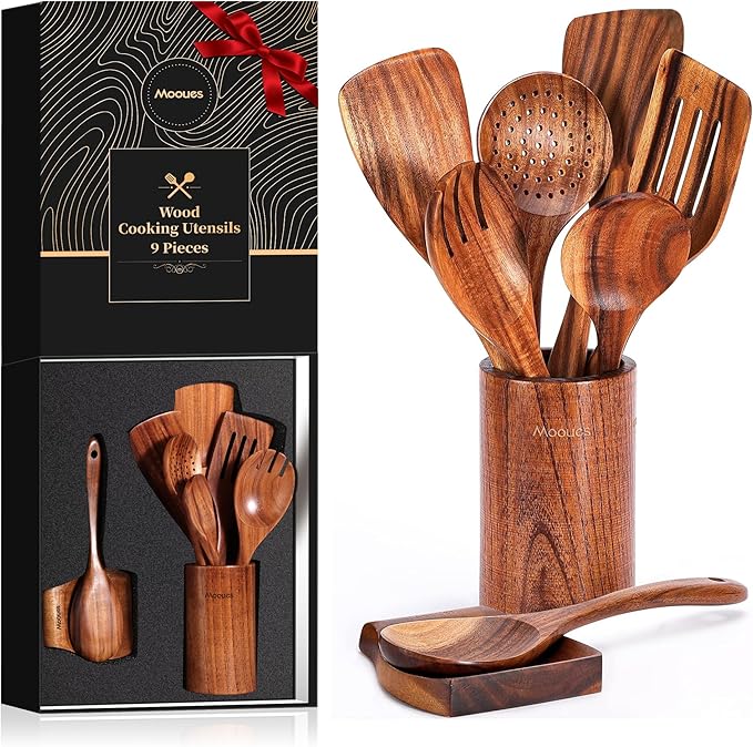 Wooden Spoons for Cooking, Wooden Utensils for Cooking Natural Teak Wooden Kitchen Utensils Set Comfort Grip(9 PCS SET GIFT BOX)