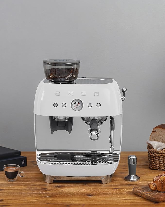 Smeg EGF03 Semi-Automatic Espresso Machine with Built-In Grinder, Dual Thermoblock, 50’s Retro Style – White (120 V)