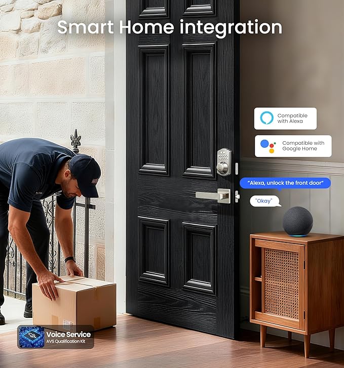 Veise VE012W-L Built-in WiFi Fingerprint Smart Lock with Lever Handle Set, App Remote Control, Keyless Entry for Front Door, Deadbolt Digital Backlit Keypad, Voice Assistant, Auto Lock, Satin Nickel