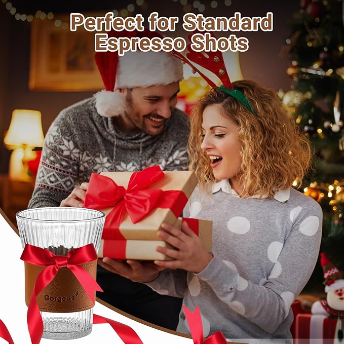 8oz Ribbed Glass Cups Set of 8 with Leather Grip, Clear Drinking Glasses for Iced Coffee, Latte, Cappuccino, Cocktail, Juice, Whiskey, Milk & Tea
