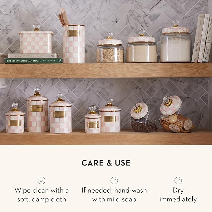 MACKENZIE-CHILDS Rosy Check Enamel Canister, Pink-and-White Kitchen Storage Container with Lid, Demi