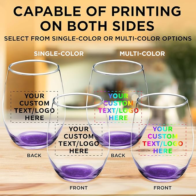 DISCOUNT PROMOS Custom Stemless Wine Glass 9 oz. Set of 10/50/100, Personalized Bulk Pack - Great for Wedding Favors, Bachelorette Party Decorations, Party Favors - Purple