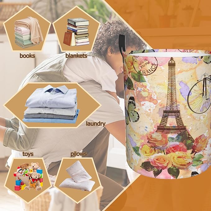 Eiffel Tower Collapsible Laundry Basket,Vintage Rose Butterfly Bedroom Waterproof Laundry Hamper,Bathroom Large Storage Bag,College Dormitory Living Room Nursery Organizer Toy Bin 16" x 20"