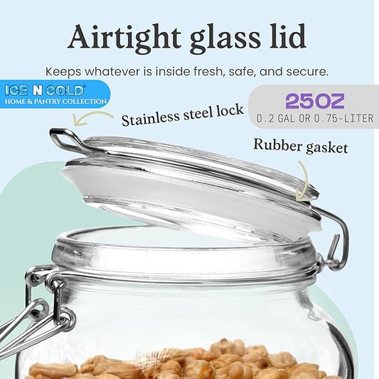 Airtight Glass Storage Jars with Clamp Lid – Food Storage Containers with Rubber Gasket Seal – Pantry & Kitchen Canisters for Dry Goods, Coffee, Sugar, Pasta – 0.4L to 2.2L Sizes (4, 25oz | 0.75L)