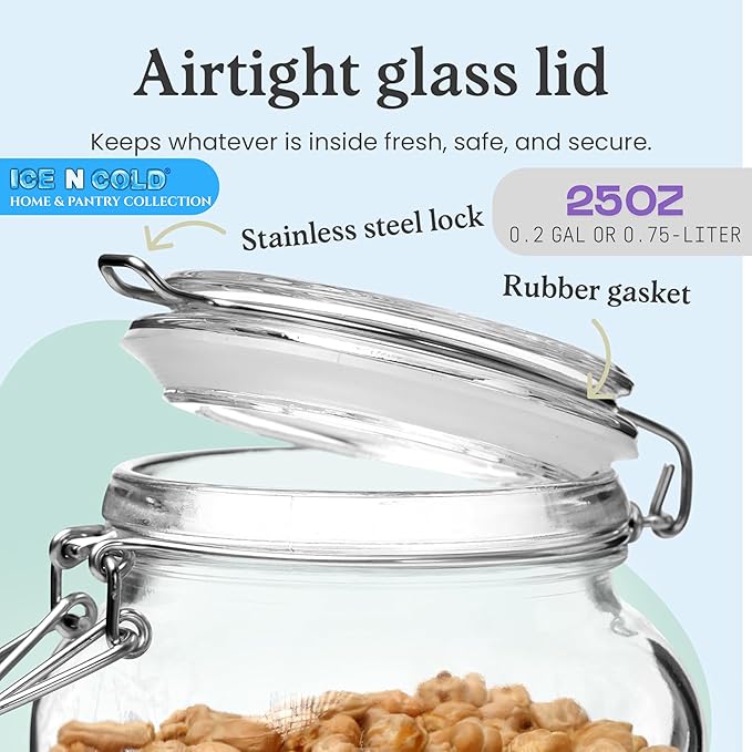 Airtight Glass Storage Jars with Clamp Lid – Food Storage Containers with Rubber Gasket Seal – Pantry & Kitchen Canisters for Dry Goods, Coffee, Sugar, Pasta – 0.4L to 2.2L Sizes (6, 25oz | 0.75L)
