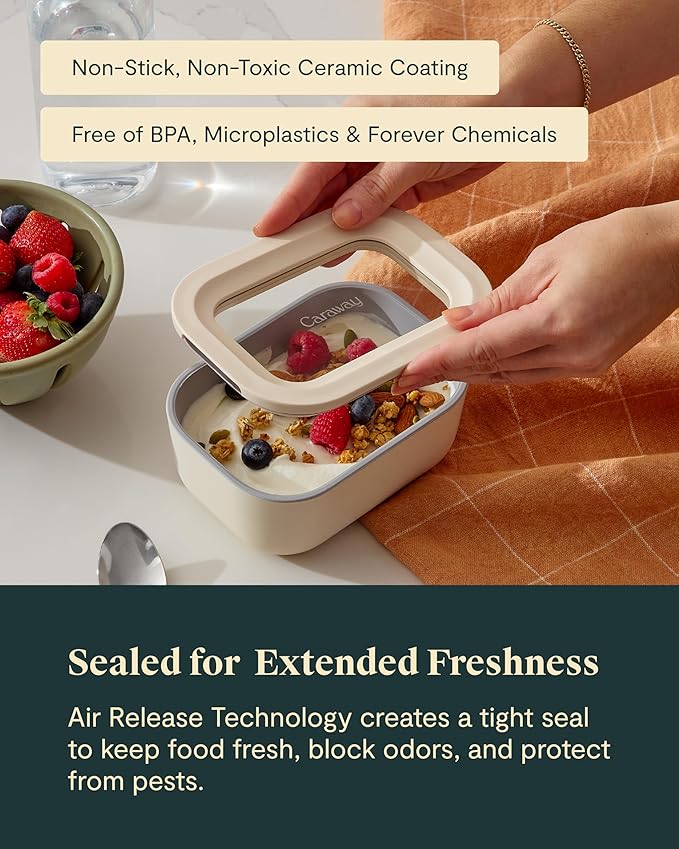 Caraway 6pc Glass Food Storage Set - 2.6 Cup Storage Containers For Food (6) - Non-Toxic Ceramic-Coated Glass - Air Release Technology - Compact & Stackable Design - Gray