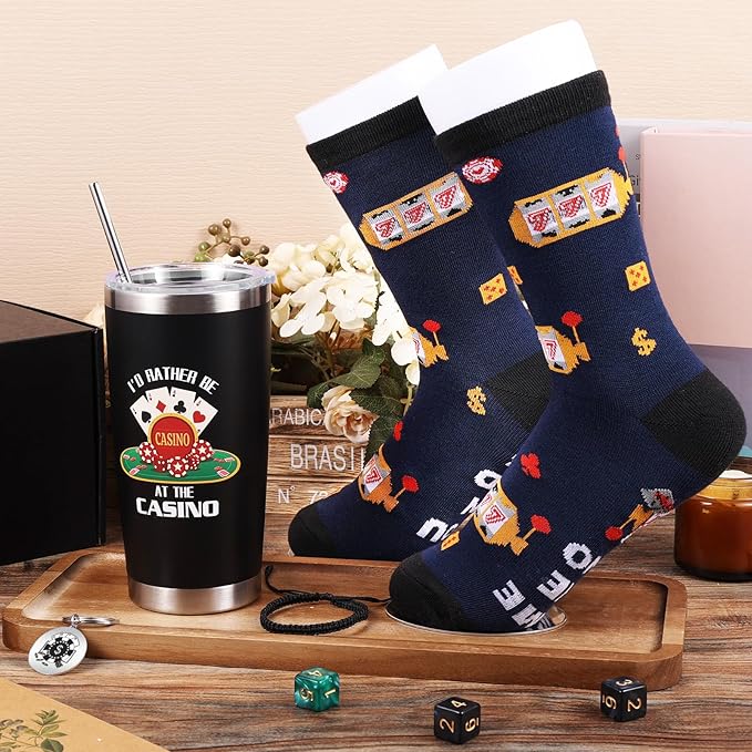 Gambling Gifts, Casino Gifts for Men Include 20 oz Casino Stainless Steel Tumbler Funny Socks Keychain Lucky Bracelet Slot Machine Gift for Christmas Birthday Party
