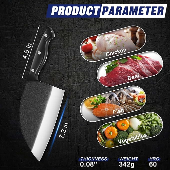SSGP Forging Serbian Chef Knife, 7.2 Inch Kitchen Chef Knives Full Tang High Carbon Steel Butcher Cleaver, Thanksgiving Christmas Gifts for Men Women