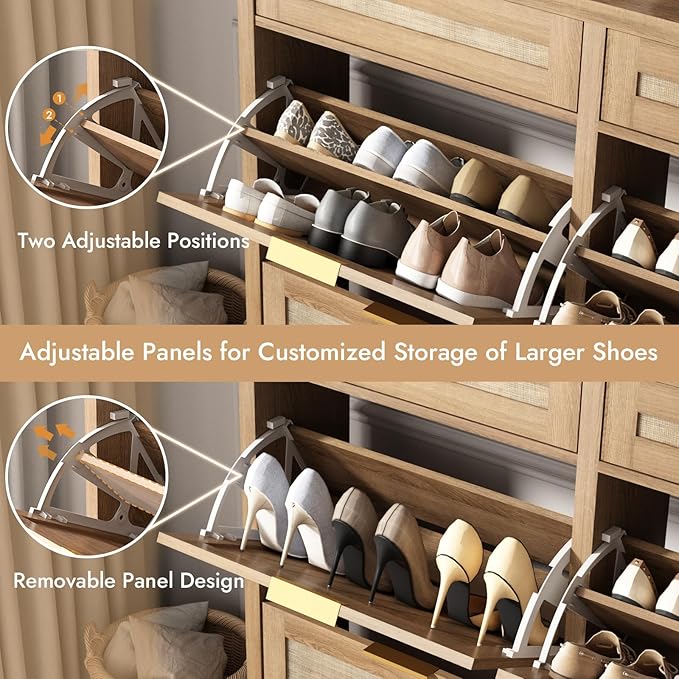 Large Rattan Shoe Storage Cabinet with 4 Flip Drawers & 2 Storages–Hidden Slim Shoe Organizer for Entryway, Large Tabletop Space, Farmhouse Boho Narrow Shoe Rack, Rustic Oak
