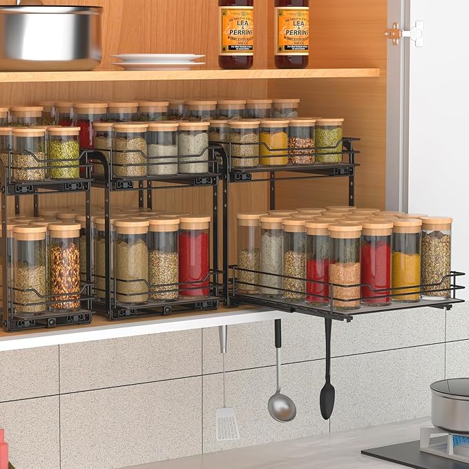 2-Tier Spice Rack, Pull Out Cabinet Organizer Spice Racks Height Adjustable Heavy Duty Metal Basket for Inside Cabinets & Pantry Closet(9.5''Wx10.5''Dx9.5''H)