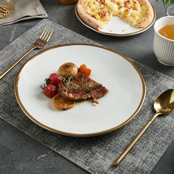 White Luxury Plates and Bowls Sets, 12 Piece Porcelain Dinnerware Sets Service for 4, Modern Dinner Plates Set, Gold Rim Dish Set for Wedding Anniversary Birthday