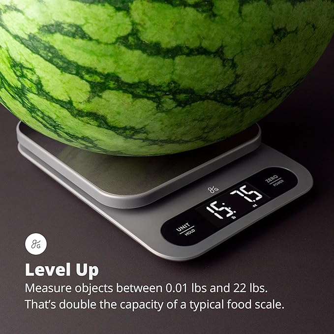 Greater Goods High Capacity Kitchen Scale, 10kg/22lb Capacity Food Scale for Bulk Cooking & Baking, Touch Controls, Hi-Def LCD, Stainless Steel Platform, Precise to 1g