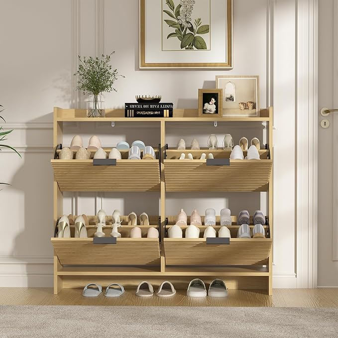 Large Shoe Storage Cabinet with 4 Flip Drawers, Wood Freestanding Shoe Organizer for Entryway Hidden Narrow Shoe Rack Cabinet, Nature Oak