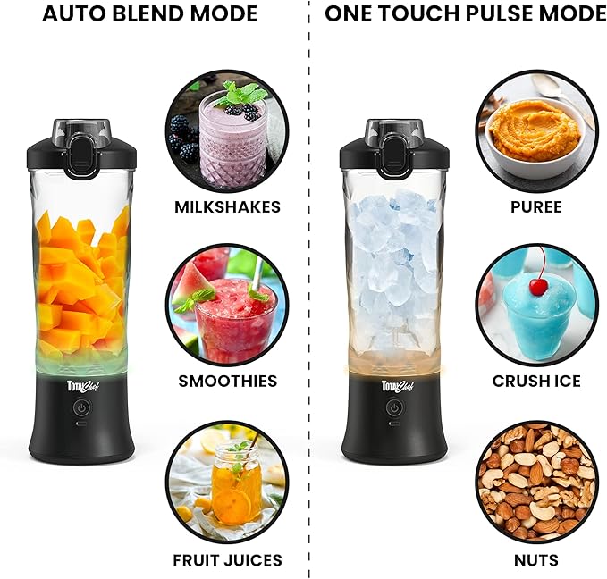 Total Chef Portable Blender - For Smoothies & Protein Shakes, USB Rechargeable Cordless Mini Travel Mixer, Personal Juicer, Ice Crusher, Blender Bottle for Home & Kitchen, 20oz, Black