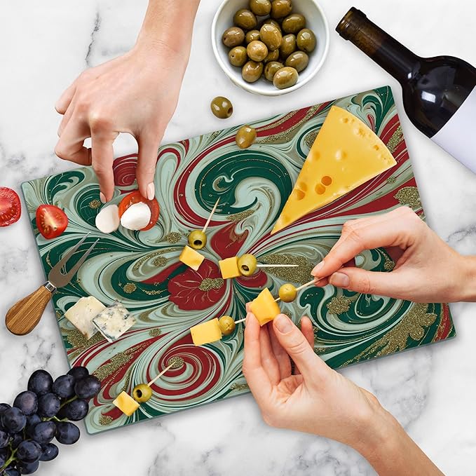 Ambesonne Christmas Cutting Board, Abstract Winter Feel Marble Print Art with Curling Lines Xmas Modern, Decorative Tempered Glass Cutting and Serving Board, Large Size, Dark Pink Green Ivory