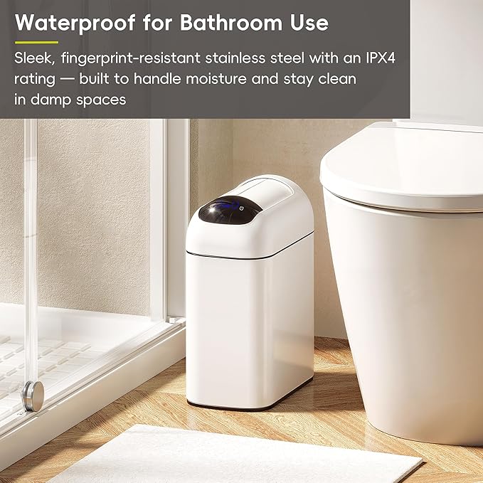 EKO Astro Slim Sensor Trash Can, 10L / 2.6 Gallon Touchless Garbage Bin with Soft-Close Butterfly Lid, Motion Sensor Stainless Steel Garbage Can for Bathroom, Kitchen, Office, Matte White, Waterproof