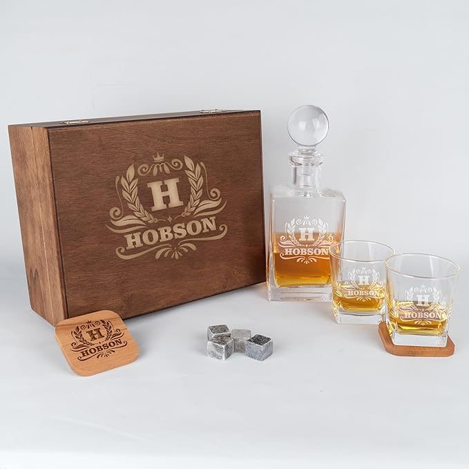 Personalized Whiskey Decanter Set with Engraved Glasses - Personalized Gifts for Men With Engraved Wooden Box and Whiskey Stones