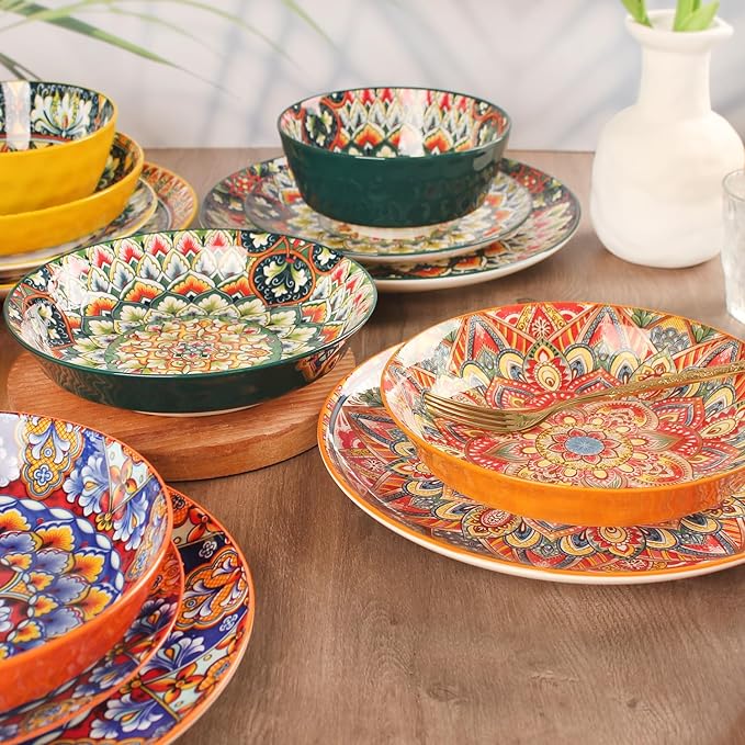 Mandala Dinnerware Sets (16 PCS) Serves for 4, Porcelain Dishes Set, Microwave and Dishwasher Safe, Scratch Resistant, Bohemian Style Dining Ware Service for 4, Colorful No.1
