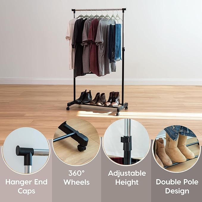 IRIS USA Clothes Rack, Portable Single-Rod Height Adjustable with Lockable Wheels, Rolling Garment Rack, Single Rod Wardrobe Rack, Easy Assemble, for Clothes, Belts, Shoes, and Bags