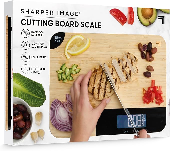Sharper Image Bamboo Cutting Board & Digital Food Scale, 33 lb Capacity, Measures Grams & Ounces, Multi-Functional for Food Prep, Baking, Dieting, Portion Control, Kitchen Gadgets Gift