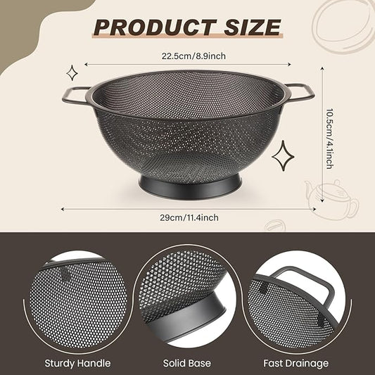 Norme 4 Quart Stainless Steel Black Colander and 3 Pcs Black Fine Mesh Strainer, Stainless Steel Pasta Rice Food Metal Strainer with Handles, Easy Clean and Dishwasher Safe
