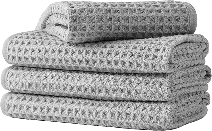 Microfiber Waffle Face Towels, 4 Pieces, Soft, Absorbent, Fast Drying, Lint Free (Silver)