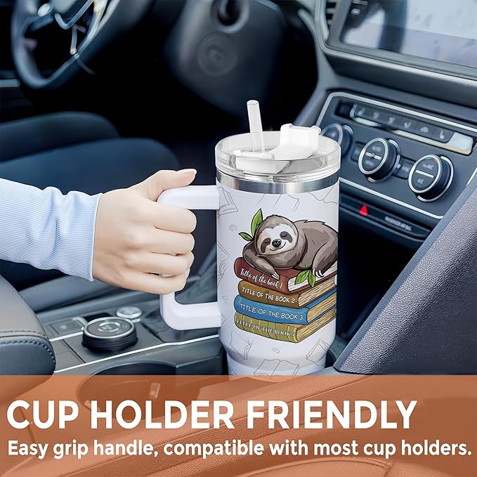 Personalized Sloth Tumbler 40oz with Handle & Straw - Cute Sleeper Sloth & Books Tumbler - Valentine Mother Father's Day Birthday Gifts - Custom Name Stainless Steel Travel Coffee Cup