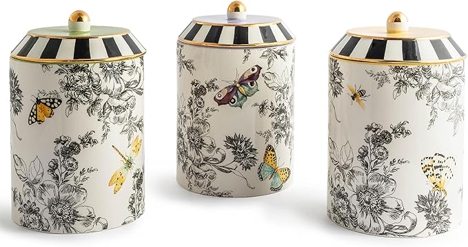 MACKENZIE-CHILDS Set of 3 Ceramic Canisters, Lidded Kitchen Canister Set, Butterfly Toile