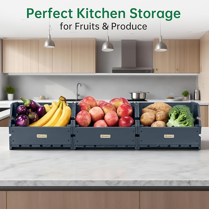 HABAU Wood Potato Onion Storage Bins - Wooden Stackable Produce Basket - Fruit Vegetable Storage for Kitchen Pantry Organization, Set 3 Pieces