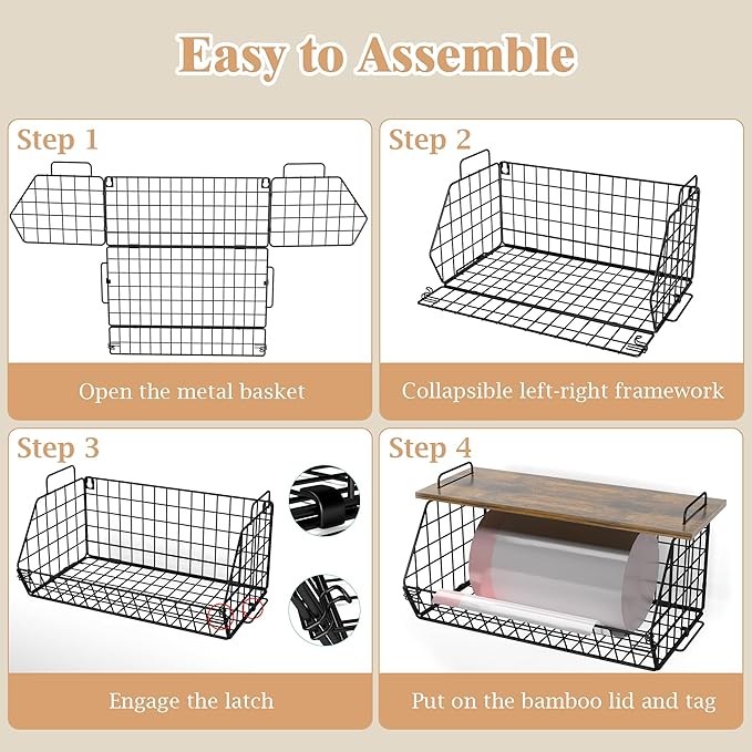 2 Pack Extra Large Pantry Organizers and Storage Stackable Trash Bag Holder,Laundry Room Organizers Basket with Wood Top,Wall Mount Large Standard Garbage Bag Dispenser,Under Sink Organization