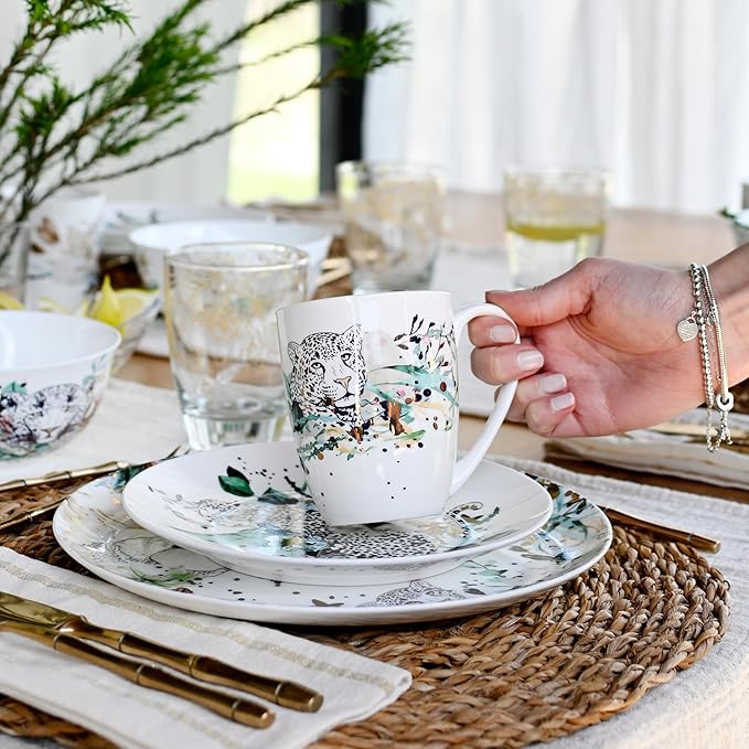 Jungle Plates and Bowls Sets Dishes Set for 4, Ceramic Plates and Bowls Set, Service for 4, Bone China Dinnerware Set Salad Dessert Plates, and Cereal Bowls Set, Microwave safe by KOKEN