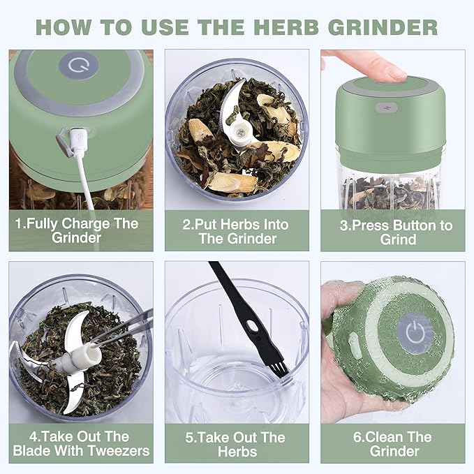 Electric Herb Grinder, 3.5 Inch Large Grinders for Grinding Dry Fresh Herbs and Spice with Clear Chamber, Portable USB Charge Herb Grinder, Including Clean Brush and Tweezers, Gift Box, Green