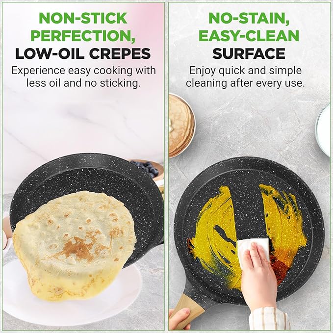 Nutrichef 2-Pack Non-Stick Crepe Pan Set – 11” Marble Coated Dosa Pans with Wooden Spreaders, Bakelite and Wood Handles, Induction-Compatible, Easy-to-Clean, Stain-Resistant (Black Marble)